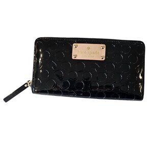 Kate‎ Spade Black Patent Leather Zip Around Wallet Embossed 8x4 Designer Shiny